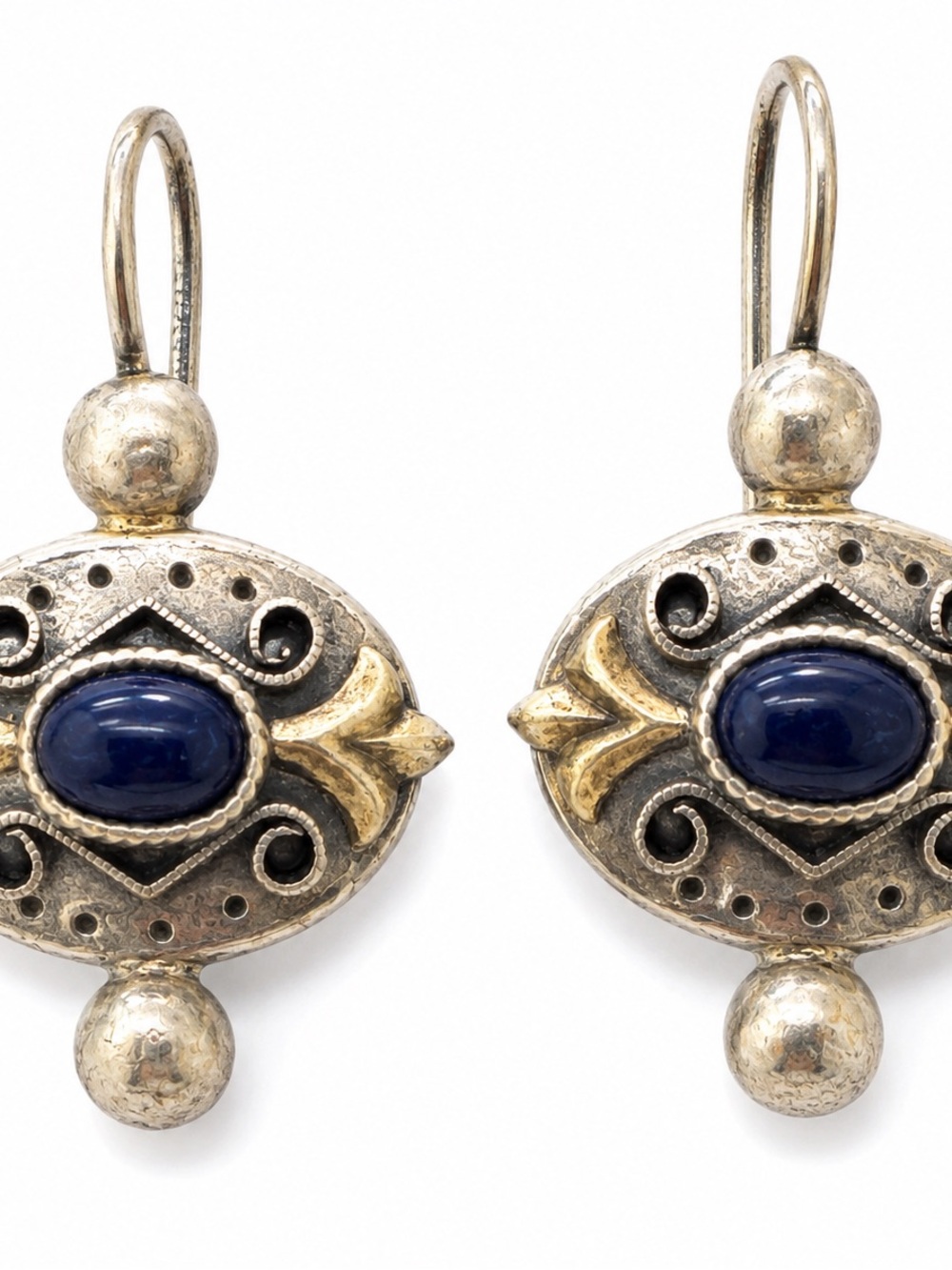 Vintage Blue Cabochon Boho Dangle Earrings – Silver Tone